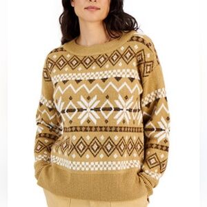 Style & Co. Womens Tan Fair Isle Sweater Medium Boho Outerwear Winter Warm Cozy